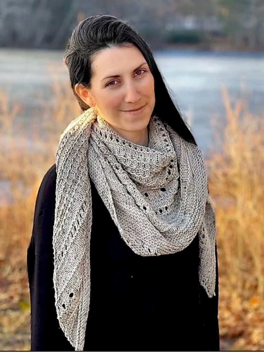 One of a Kind Hand Knit Rustic Farm Chic Grey Cream Tweed Shawl Luxury Merino